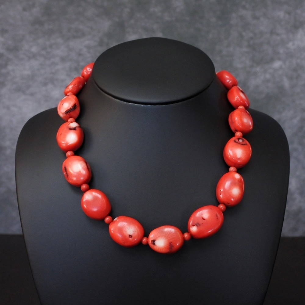 Red Coral Large Oval Bead Chunky Necklace